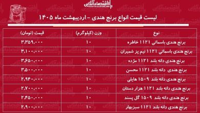 قیمت جدید انواع برنج هندی در بازار / کیسه ۱۰ کیلویی برنج هندی هایلی، مژده، خاطره، محسن و...چند شد؟ + جدول ۲۹ اردیبهشت ۱۴۰۵