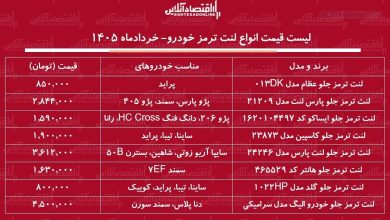 لیست قیمت انواع لنت ترمز خودرو / لنت ترمز شاهین، دنا، سمند، پژو، پراید و...چند شد؟ + جدول خردادماه ۱۴۰۵