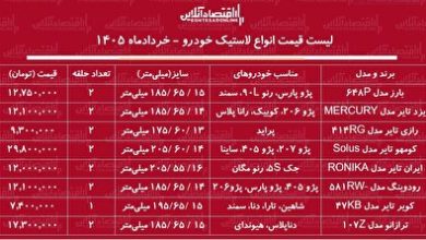 قیمت جدید انواع لاستیک خودرو ۹ خرداد ۱۴۰۵ / خرید یک جفت لاستیک پراید، سمند، دنا، پژو ۴۰۵ و...چقدر هزینه دارد؟ + جدول