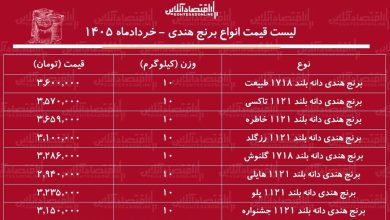 لیست قیمت انواع برنج هندی ۱۶ خرداد ۱۴۰۵ / کیسه ۱۰ کیلویی برنج هندی هایلی، طبیعت، خاطره و...چند شد؟ + جدول